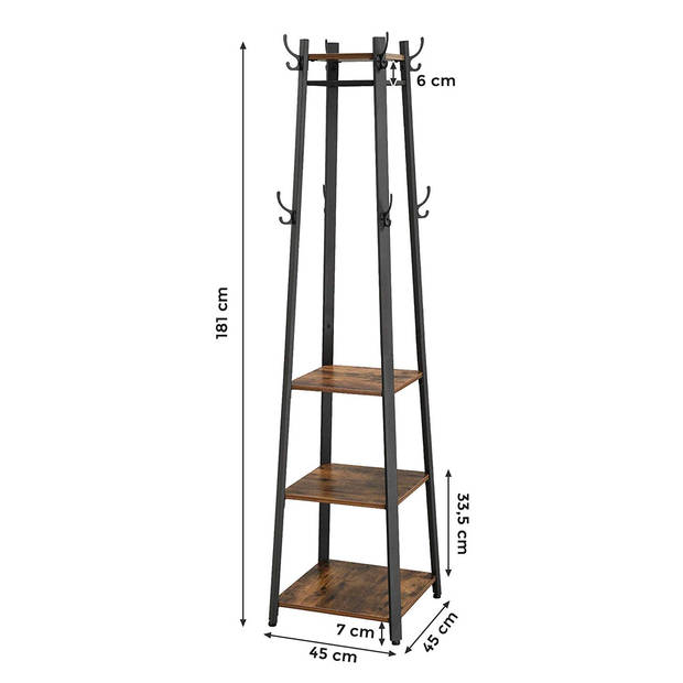 Staande kapstok - industriële look - 8 haken - 45x181x45 cm - vintage bruin