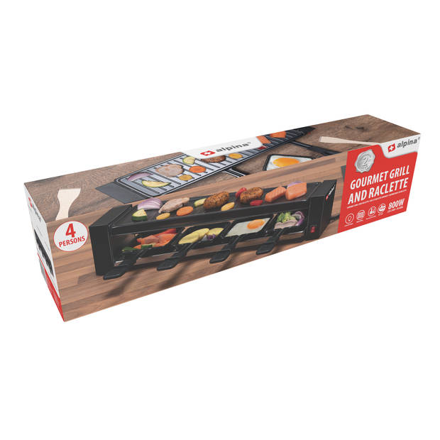 alpina Raclette Gourmet Set - 800 W - Raclette en Grill - Anti-Aanbaklaag - RVS - Makkelijk Meenemen - Zwart