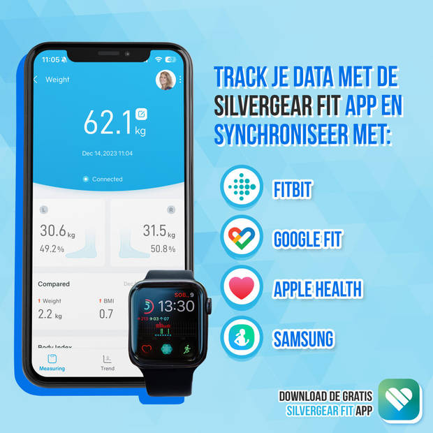 Silvergear Premium Slimme Weegschaal met Hartslagmeter – 17x Lichaamsanalyse Metingen - Gratis App - Wit