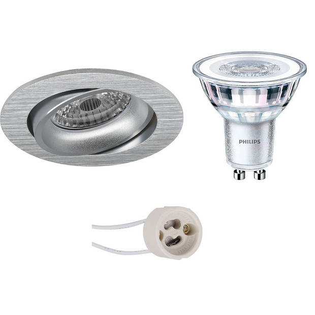 LED Spot Set - Pragmi Delton Pro - GU10 Fitting - Inbouw Rond - Mat Zilver - Kantelbaar - Ø82mm - Philips - CorePro 827