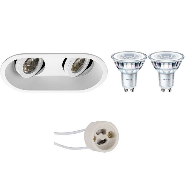 LED Spot Set - Pragmi Zano Pro - GU10 Fitting - Inbouw Ovaal Dubbel - Mat Wit - Kantelbaar - 185x93mm - Philips -