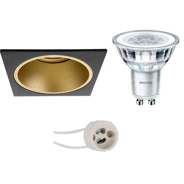 LED Spot Set - Pragmi Minko Pro - GU10 Fitting - Inbouw Vierkant - Mat Zwart/Goud - Verdiept - 90mm - Philips - CorePro