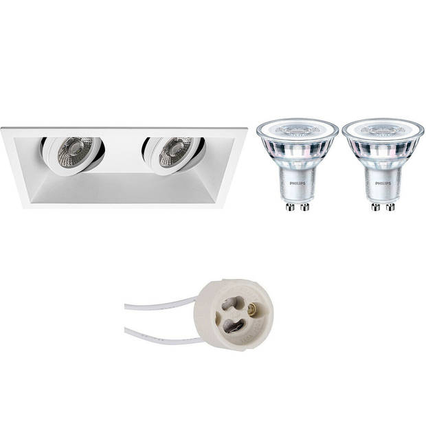 LED Spot Set - Pragmi Zano Pro - GU10 Fitting - Inbouw Rechthoek Dubbel - Mat Wit - Kantelbaar - 185x93mm - Philips -