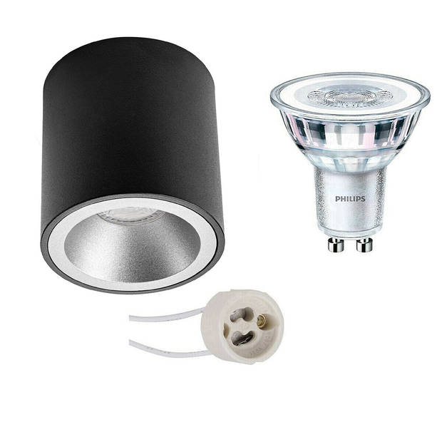 Opbouwspot Set - Pragmi Cliron Pro - GU10 Fitting - Opbouw Rond - Mat Zwart/Zilver - Verdiept - Ø90mm - Philips -