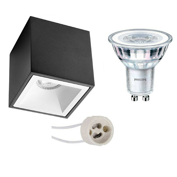 Opbouwspot Set - Pragmi Cliron Pro - GU10 Fitting - Opbouw Vierkant - Mat Zwart/Wit - Verdiept - 90mm - Philips -