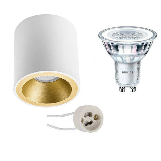 Opbouwspot Set - Pragmi Cliron Pro - GU10 Fitting - Opbouw Rond - Mat Wit/Goud - Verdiept - Ø90mm - Philips - CorePro