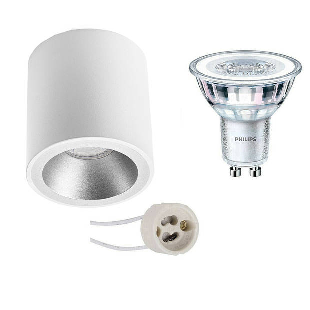 Opbouwspot Set - Pragmi Cliron Pro - GU10 Fitting - Opbouw Rond - Mat Wit/Zilver - Verdiept - Ø90mm - Philips - CorePro