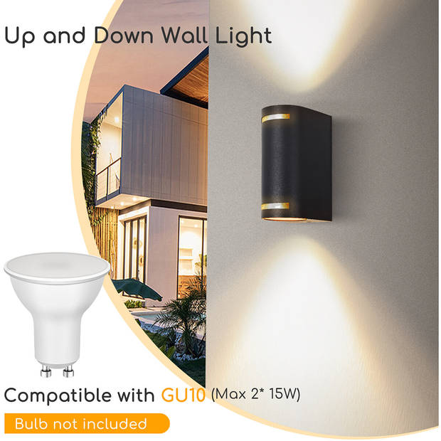 LED Tuinverlichting - Wandlamp Buitenlamp - Aigi Esib Up and Down - GU10 Fitting - 2-lichts - Rond - Mat Zwart -