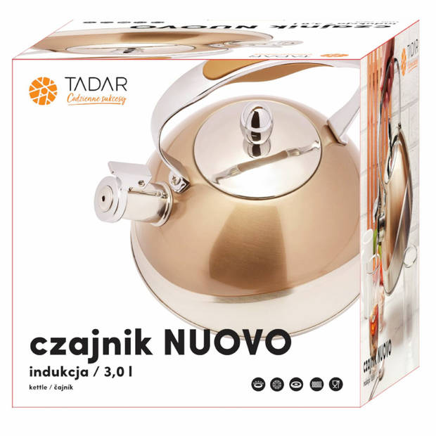 Tadar Nuovo fluitketel RVS champagne / koper 3 Liter - geschikt voor alle warmtebronnen ook in inductie