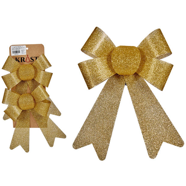 Krist+ kerstboomversiering kleine strikjes - 2x st - gouden glitters 15 x 17 cm - Kersthangers