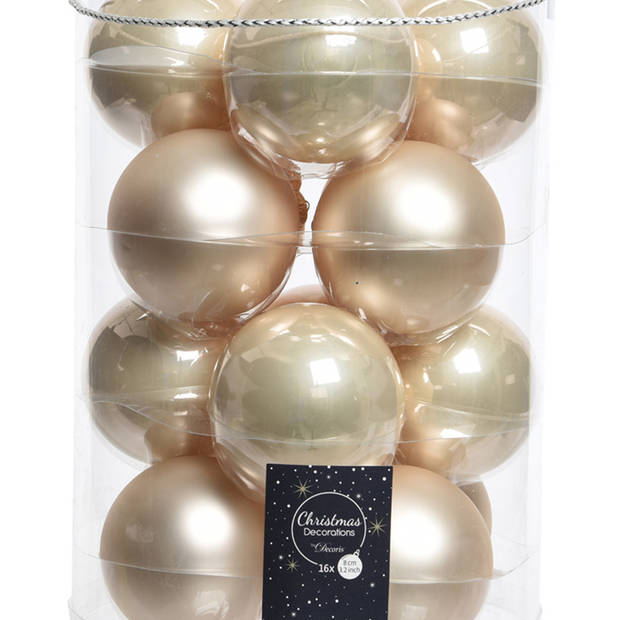 Decoris glazen kerstballen 16x stuks champagne 8 cm mat/glans - Kerstbal