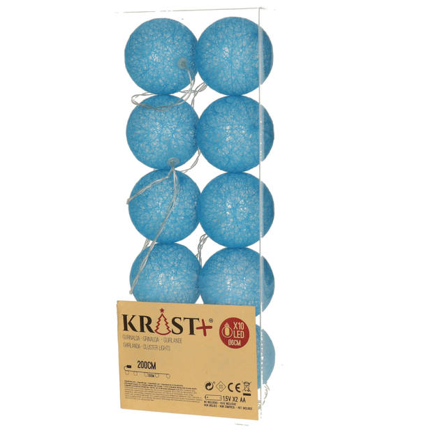 Krist+ verlichting snoer - 10 bollen - blauw- 200 cm- batterij - Lichtsnoeren