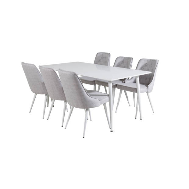 Polar180X90WHWH eethoek eetkamertafel wit en 6 Velvet Deluxe eetkamerstal lichtgrijs, wit.