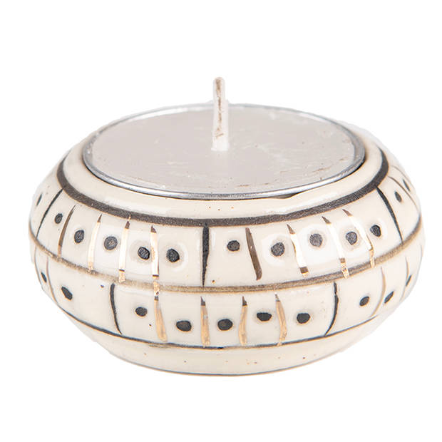 Clayre & Eef Theelichthouder Ø 6x3 cm Beige Keramiek Rond Waxinelichthouder Beige Waxinelichthouder