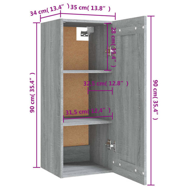 vidaXL Wandkast 35x34x90 cm bewerkt hout grijs sonoma eikenkleurig