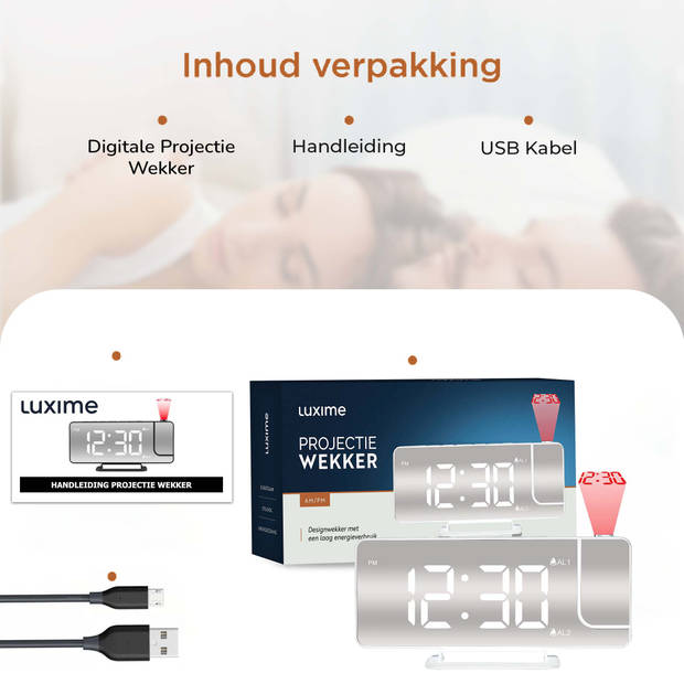 Luxime® - Digitale Wekker Met Projectie - Slaapkamer - Projectieklok Plafond - Projectiewekker - Wit