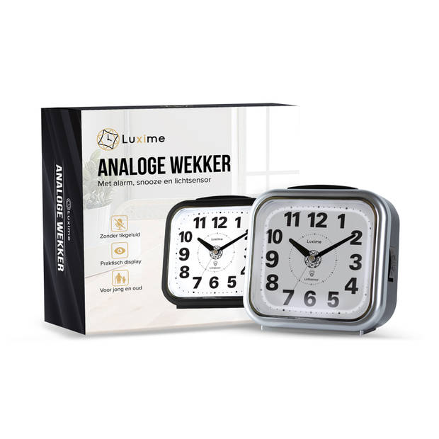 Luxime - Wekker Analoog Zonder Tikgeluid - Analoge Wekker - Senioren - Slaapkamer - Met Lichtsensor - Zilver