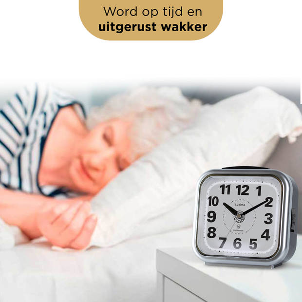 Luxime - Wekker Analoog Zonder Tikgeluid - Analoge Wekker - Senioren - Slaapkamer - Met Lichtsensor - Zilver