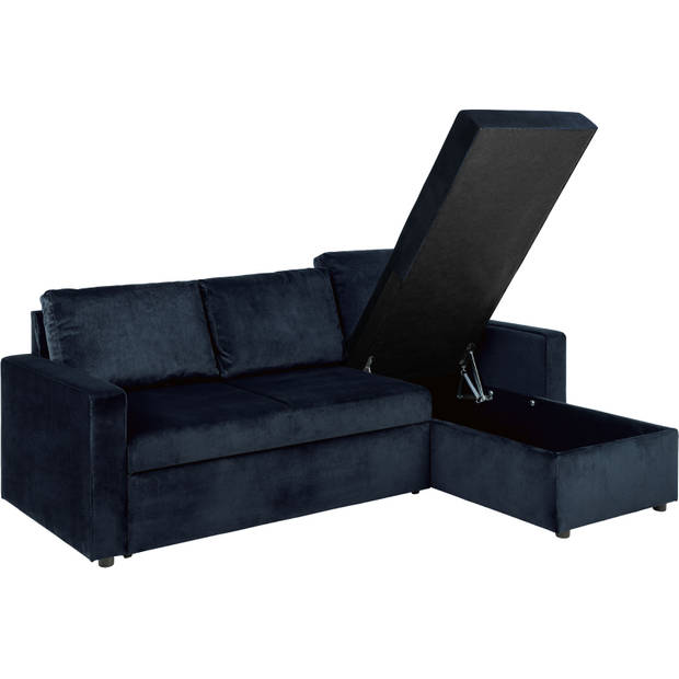 Sacramento slaapbank chaise longue omkeerbaar, verborgen opslag en uitschuifbaar bed donkerblauw.