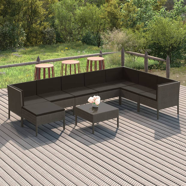 vidaXL 9-delige Loungeset met kussens poly rattan grijs