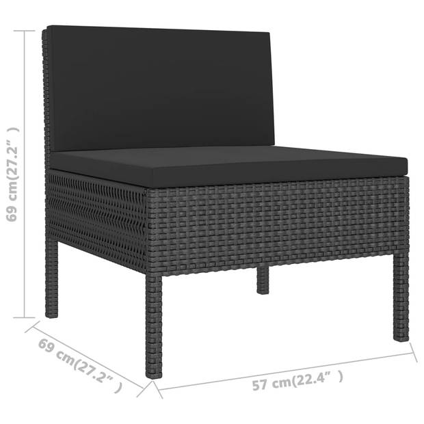 The Living Store Loungeset Modular - Zwart - PE-rattan - gepoedercoat staal en stof (100% polyester) - Middenbank- 57