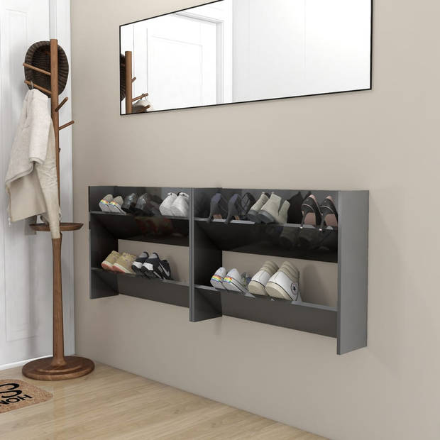 The Living Store Schoenenkast - Wandmontage - 80 x 18 x 60 cm - Hoogglans grijs