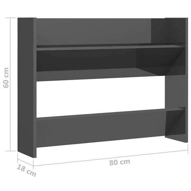 The Living Store Schoenenkast - Muurmontage - 80 x 18 x 60 cm - Hoogglans grijs