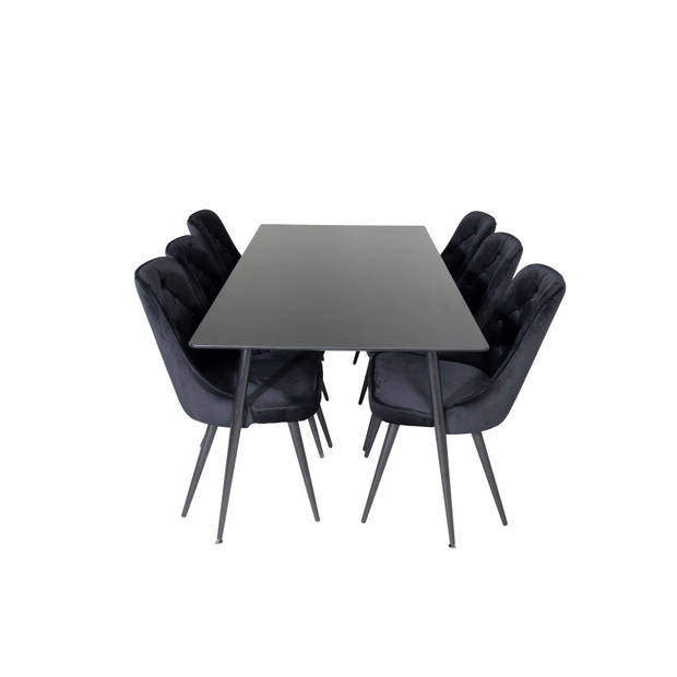 SilarBL180 eethoek eetkamertafel zwart en 6 Velvet Deluxe eetkamerstal velours zwart.