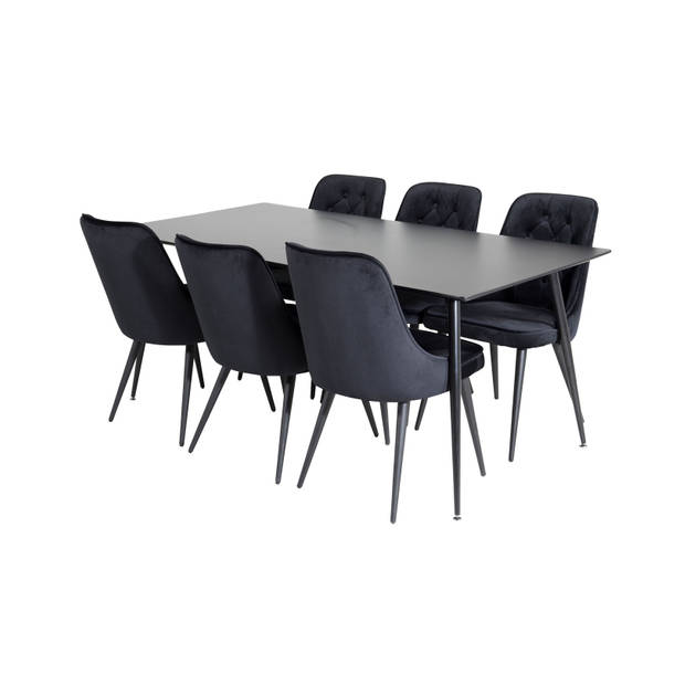 SilarBL180 eethoek eetkamertafel zwart en 6 Velvet Deluxe eetkamerstal velours zwart.