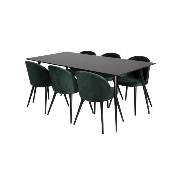 SilarBL180 eethoek eetkamertafel zwart en 6 Velvet eetkamerstal velours groente, zwart.