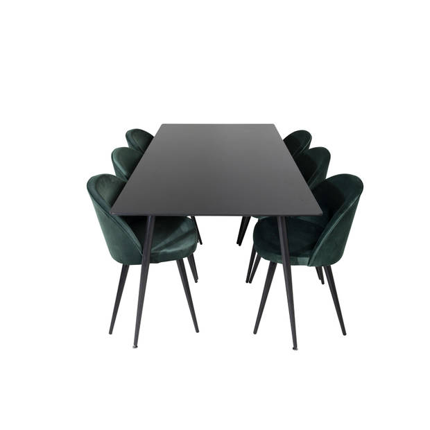 SilarBL180 eethoek eetkamertafel zwart en 6 Velvet eetkamerstal velours groente, zwart.