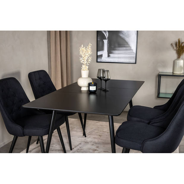 SilarBLExt eethoek eetkamertafel uitschuifbare tafel lengte cm 120 / 160 zwart en 4 Velvet Deluxe eetkamerstal zwart.