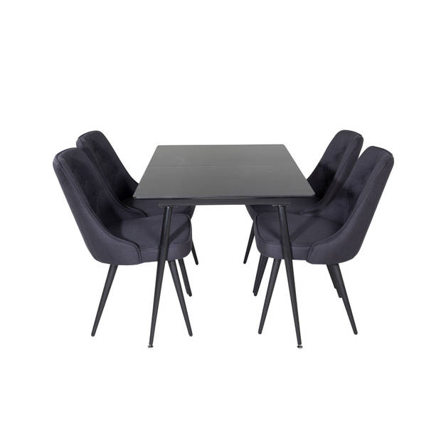 SilarBLExt eethoek eetkamertafel uitschuifbare tafel lengte cm 120 / 160 zwart en 4 Velvet Deluxe eetkamerstal zwart.