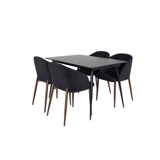 SilarBLExt eethoek eetkamertafel uitschuifbare tafel lengte cm 120 / 160 zwart en 4 Arch eetkamerstal zwart.