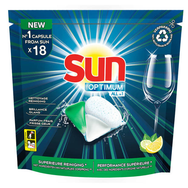 Sun - Vaatwascapsules - Optimum - All-in-1 - Citroen - 100% oplosbaar tabletfolie - 8 x 18 stuks - Voordeelverpakking