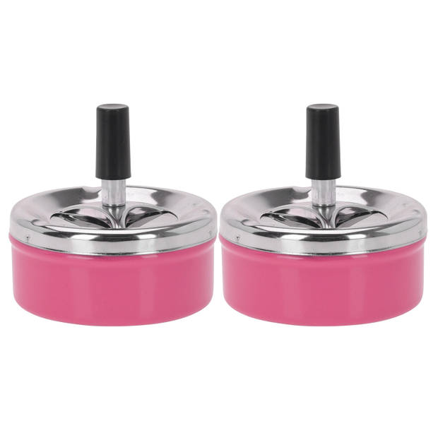 Set van 2x stuks ronde draaiasbak/drukasbak metaal 10 cm roze voor binnen/buiten - Asbakken