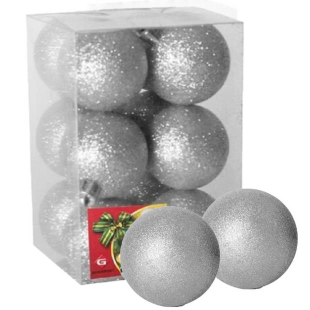 Gerimport Kerstballen - 12x stuks - zilver - kunststof - glitters - D6 cm - Kerstbal