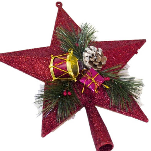 Kunststof kerstboom ster piek rood 21 cm - Kerstpieken met decoratie - kerstboompieken