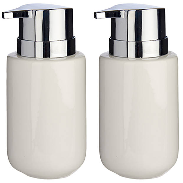 2x Stuks Zeeppompjes/dispensers van keramiek - wit/zilver - 350 ml - Zeeppompjes