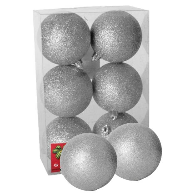 6x stuks kerstballen zilver glitters kunststof 8 cm - Kerstbal