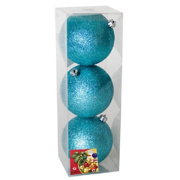 Gerimport Kerstballen - 3ST - ijsblauw - glitter - plastic - 10cm - Kerstbal