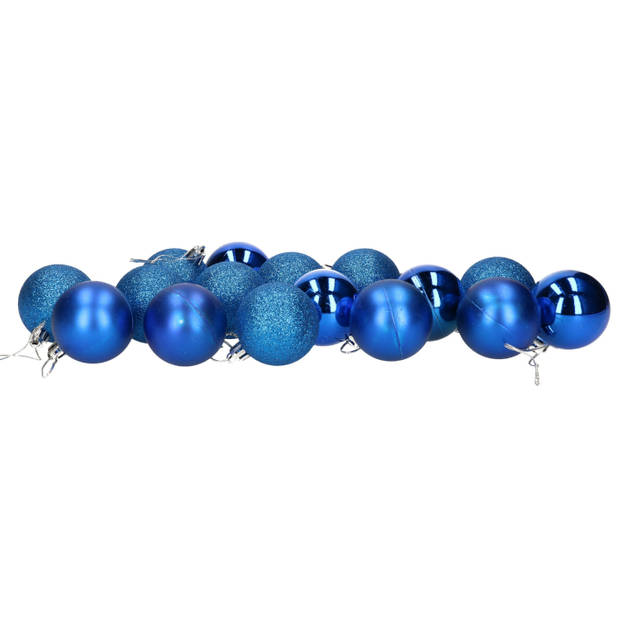 16x stuks kerstballen blauw mix van mat/glans/glitter kunststof 5 cm - Kerstbal