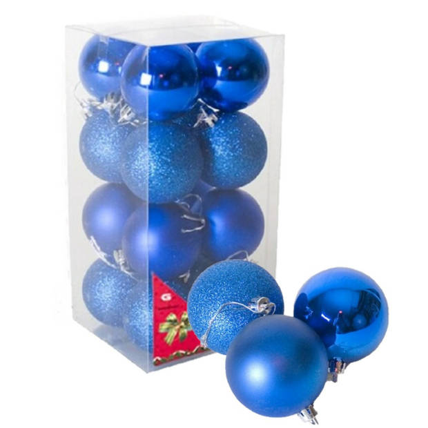 16x stuks kerstballen blauw mix van mat/glans/glitter kunststof 5 cm - Kerstbal