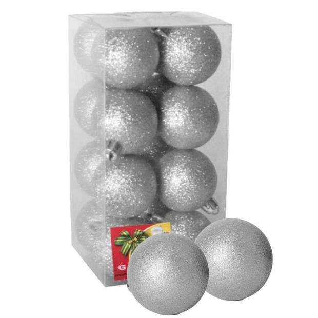 16x stuks kerstballen zilver glitters kunststof 5 cm - Kerstbal