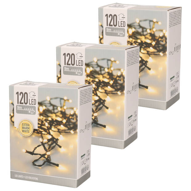 Set van 3x stuks kerstverlichting extra warm wit buiten 120 lampjes 900 cm - Kerstverlichting kerstboom