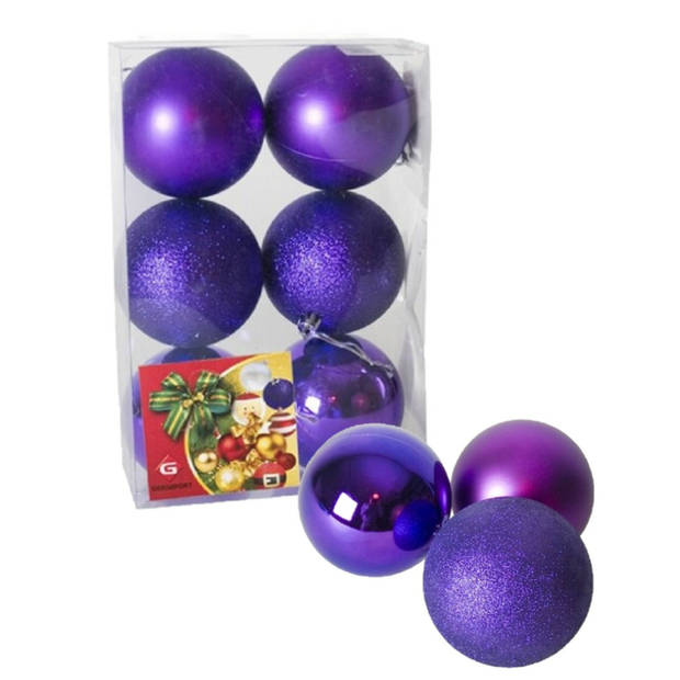 6x stuks kerstballen paars mix van mat/glans/glitter kunststof 8 cm - Kerstbal