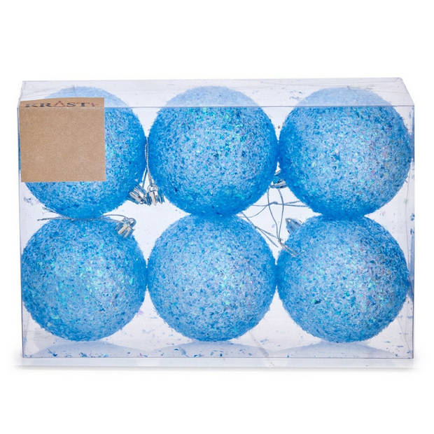 Krist+ kerstballen - 6x st - blauw glitter - kunststof - 8 cm - Kerstbal