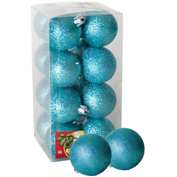 16x stuks kerstballen ijsblauw glitters kunststof 5 cm - Kerstbal