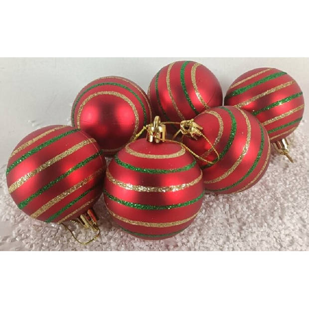 Gerimport Kerstballen - rood - 6ST - gedecoreerd - 6 cm - kunststof - Kerstbal