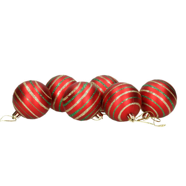 Gerimport Kerstballen - rood - 6ST - gedecoreerd - 6 cm - kunststof - Kerstbal